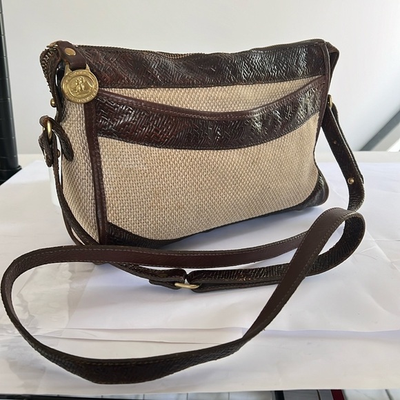Brahmin Linen Jute Fabric Textured Brown Leather Shoulder Crossbody Bag - Picture 1 of 14